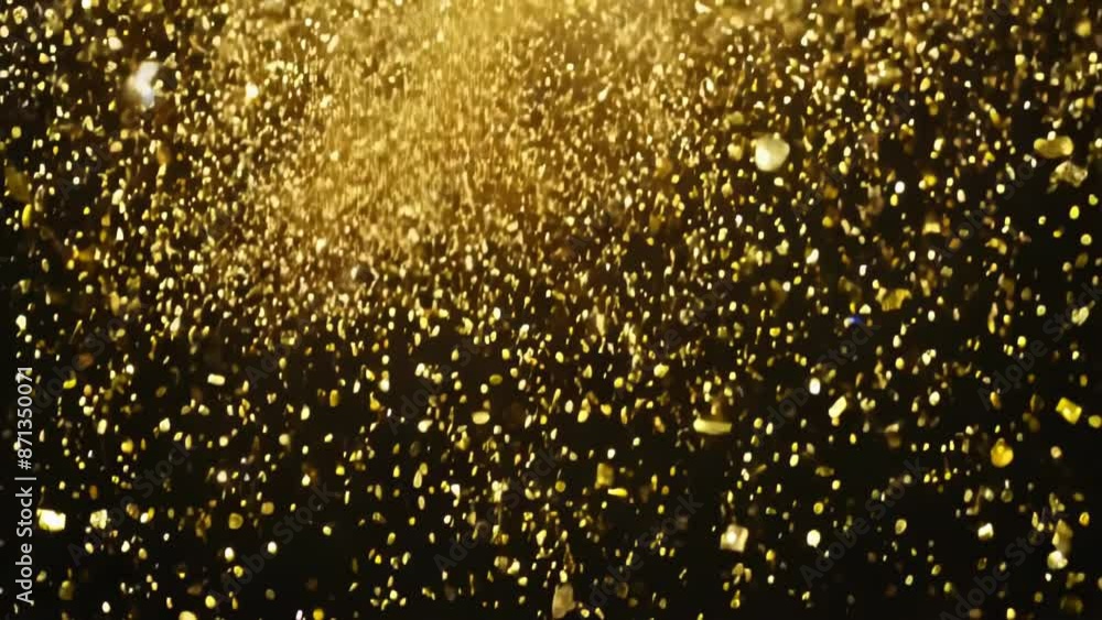 Shower of golden glitter confetti against dark background. Shimmering particles creating festive atmosphere. Luxury celebration concept with sparkling gold flakes floating in air. Shower of golden glitter confetti against dark background. Shimmering particles creating festive atmosphere. Luxury celebration concept with sparkling gold flakes floating in air.