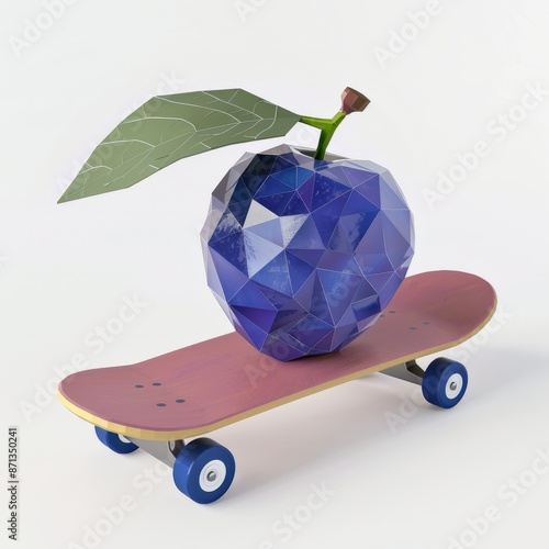 3D Render, Low Poly style of a cool blueberry with a skateboard, on isolated white background, Generative AI