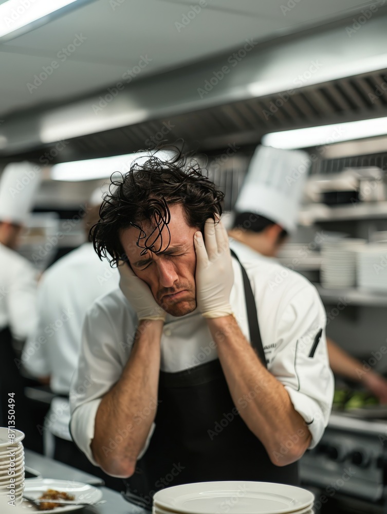 Stressed chef in a busy kitchen, holding his head in exhaustion wearing a white coat and gloves, reflective of a hectic culinary environment. Stressed chef in a busy kitchen, holding his head in exhaustion wearing a white coat and gloves, reflective of a hectic culinary environment.