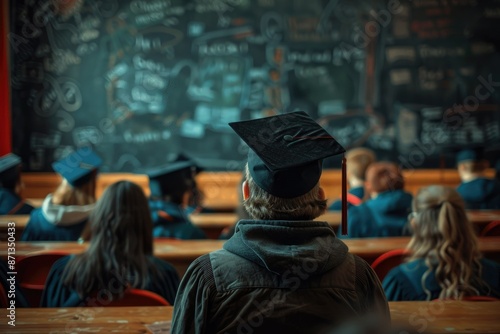 University Graduates in Classroom Wearing Academic Caps Facing Chalkboard During Convocation Ceremony