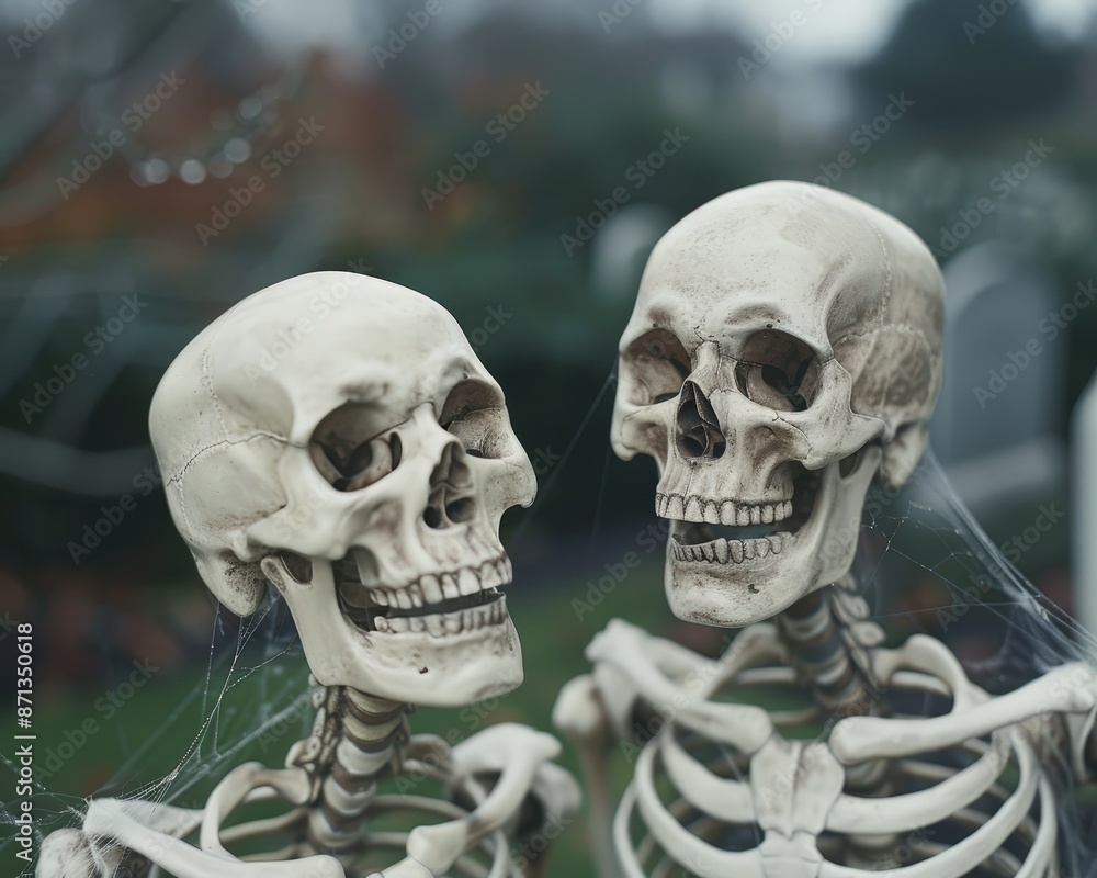 Fototapeta premium Two skeleton decorations stand side by side in a spooky outdoor setting, perfect for Halloween or Dia de los Muertos themes.