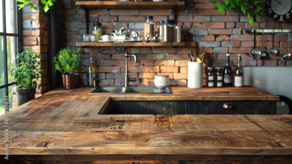 Empty Rustic Kitchen Countertop with Industrial Design Elements. Wooden shelves, exposed brick and sunlight create a warm and inviting atmosphere. Empty Rustic Kitchen Countertop with Industrial Design Elements. Wooden shelves, exposed brick and sunlight create a warm and inviting atmosphere.