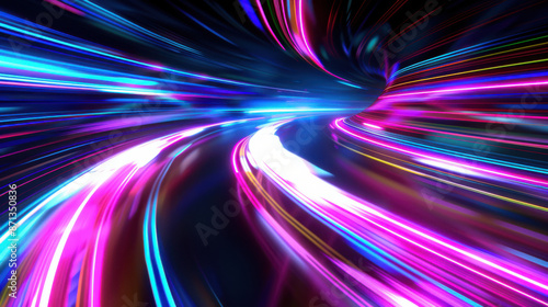 A digital scene of flowing neon light trails, with an array of bright colors moving downward in a smooth, liquid motion