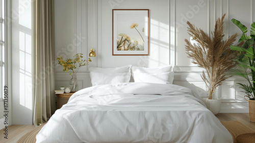 Minimalist white bedroom interior with a made bed  bedside table  window and wall decor. Concept of comfortable bedroom  cozy home decor and Scandinavian style interior.