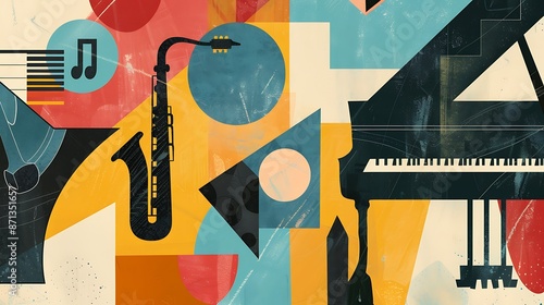 a concert invitation with illustrations of a piano, saxophone, and guitar on an abstract geometric background