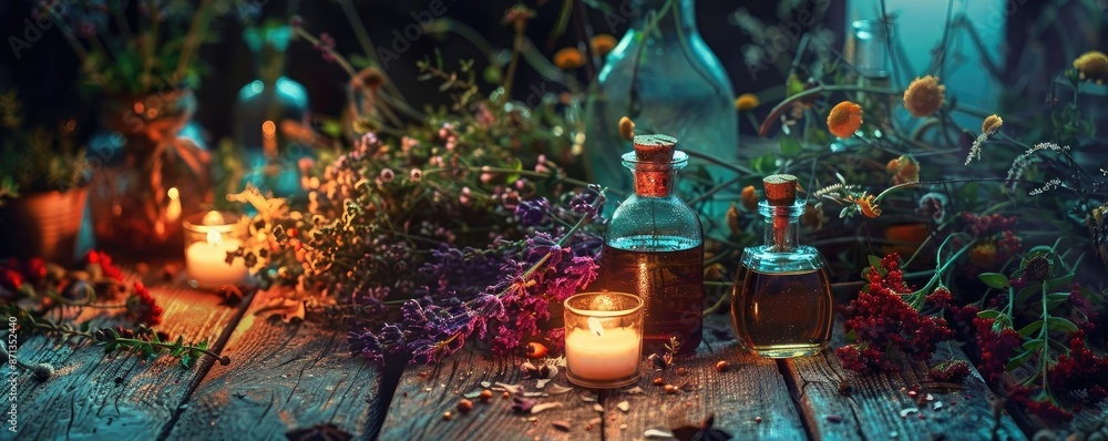Cozy rustic scene with aromatic herbs, essential oils, and candles on a wooden table, creating a warm and tranquil atmosphere. Cozy rustic scene with aromatic herbs, essential oils, and candles on a wooden table, creating a warm and tranquil atmosphere.