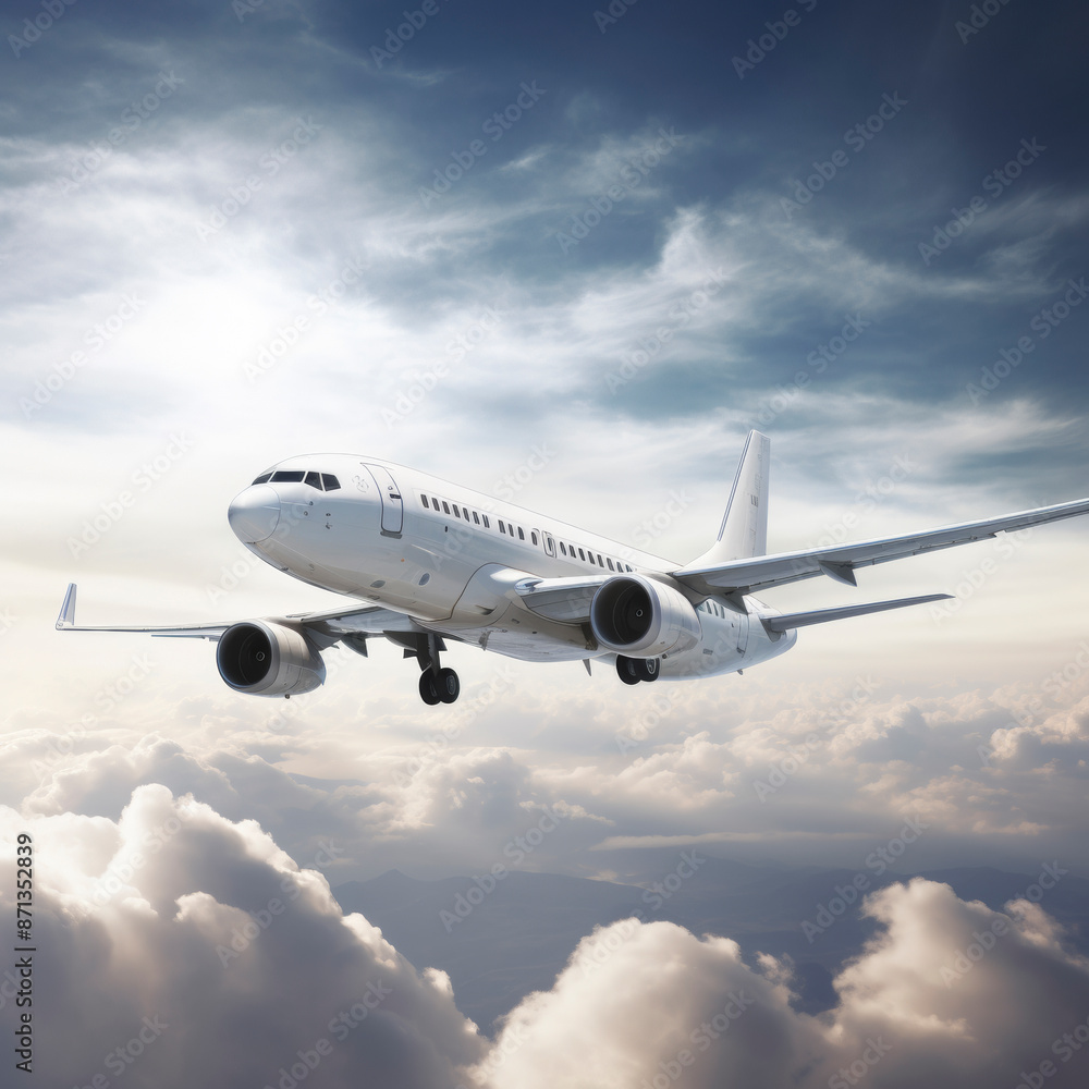 White passenger airplane is flying above the clouds on a beautiful sunny day White passenger airplane is flying above the clouds on a beautiful sunny day