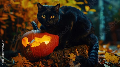 Black cat sitting on a pumpkin, Halloween, autumn theme, animation, vivid photo