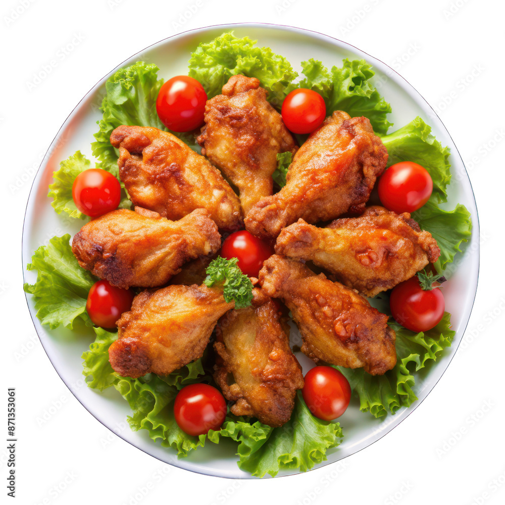 Fried chicken wings with tomatoes and lettuce on white plate on transparent Fried chicken wings with tomatoes and lettuce on white plate on transparent