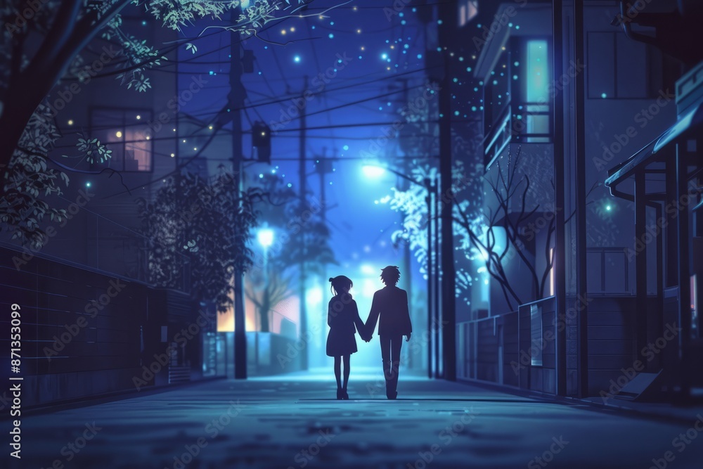 A couple holding hands, walking along a quiet street illuminated by soft streetlights. Gentle sound of their footsteps on pavement. Cozy vibe, Generative AI A couple holding hands, walking along a quiet street illuminated by soft streetlights. Gentle sound of their footsteps on pavement. Cozy vibe, Generative AI