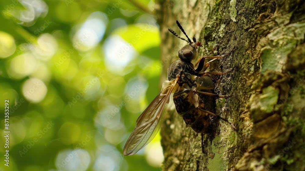 Insect resembling dog or fly attached to tree trunk Insect resembling dog or fly attached to tree trunk