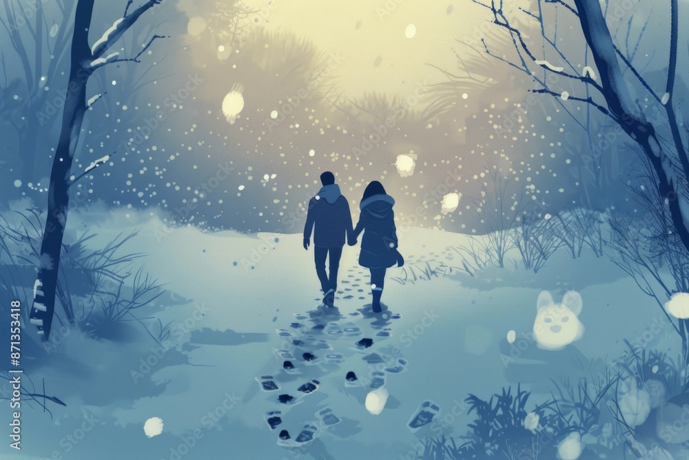 A couple walking hand in hand through a snowy forest, leaving footprints in the fresh snow. Soft crunching of snow under their feet. Cozy vibe, Generative AI A couple walking hand in hand through a snowy forest, leaving footprints in the fresh snow. Soft crunching of snow under their feet. Cozy vibe, Generative AI