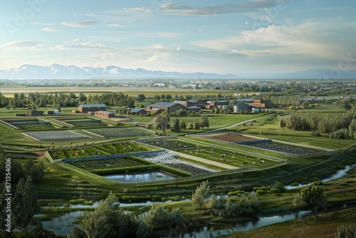 Aerial view of a serene rural landscape with agricultural fields, waterways, and distant mountains under a blue sky with scattered clouds.