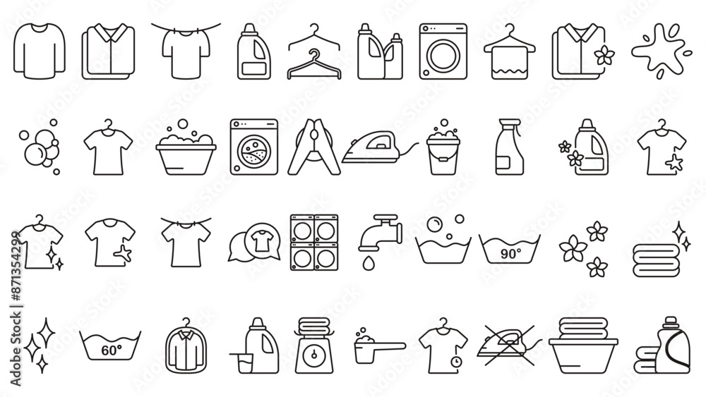 Fototapeta premium Laundry washing icon collection line vector design illustration template in trendy style with editable stroke