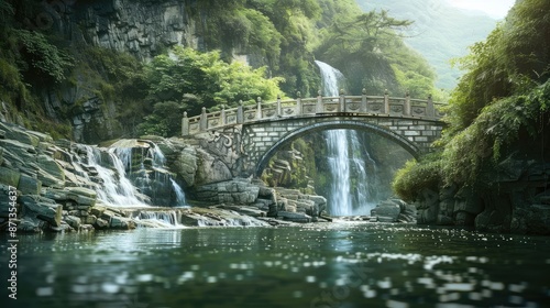 a modern long stone bridge for cars, Chinese style decorated stone bridge, bridge crossing a large stream of water, running perpendicular to a waterfall