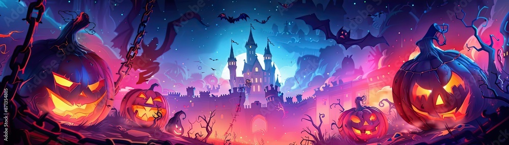 Spooky Halloween scene with carved pumpkins and a haunted castle under a vibrant night sky, perfect for festive seasonal celebrations. Spooky Halloween scene with carved pumpkins and a haunted castle under a vibrant night sky, perfect for festive seasonal celebrations.