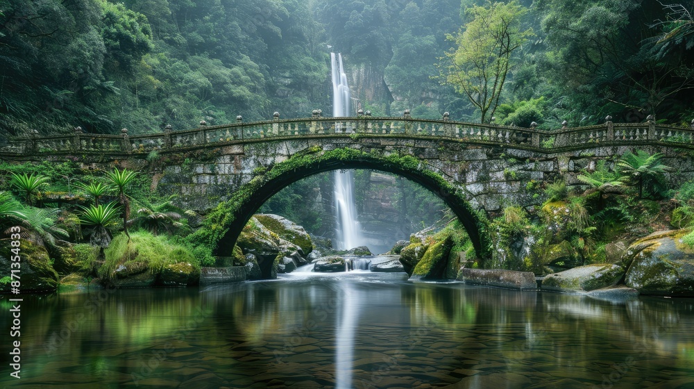 a modern long stone bridge for cars, Chinese style decorated stone bridge, bridge crossing a large stream of water, running perpendicular to a waterfall a modern long stone bridge for cars, Chinese style decorated stone bridge, bridge crossing a large stream of water, running perpendicular to a waterfall