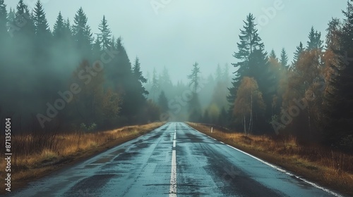 Asphalt road passes through dense forest covered in fog.