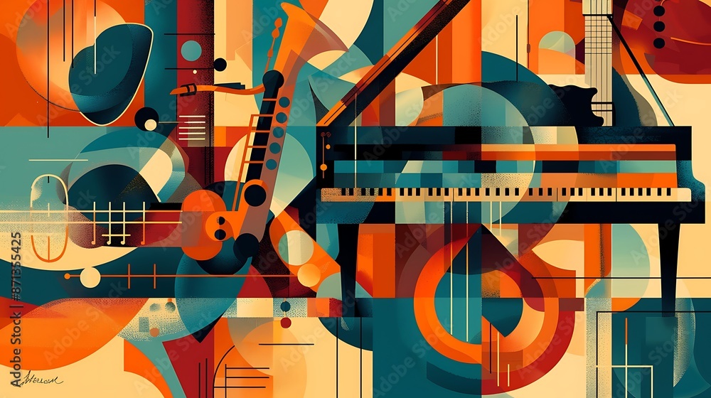 a vector illustration of a piano, saxophone, and guitar with an abstract geometric background a vector illustration of a piano, saxophone, and guitar with an abstract geometric background