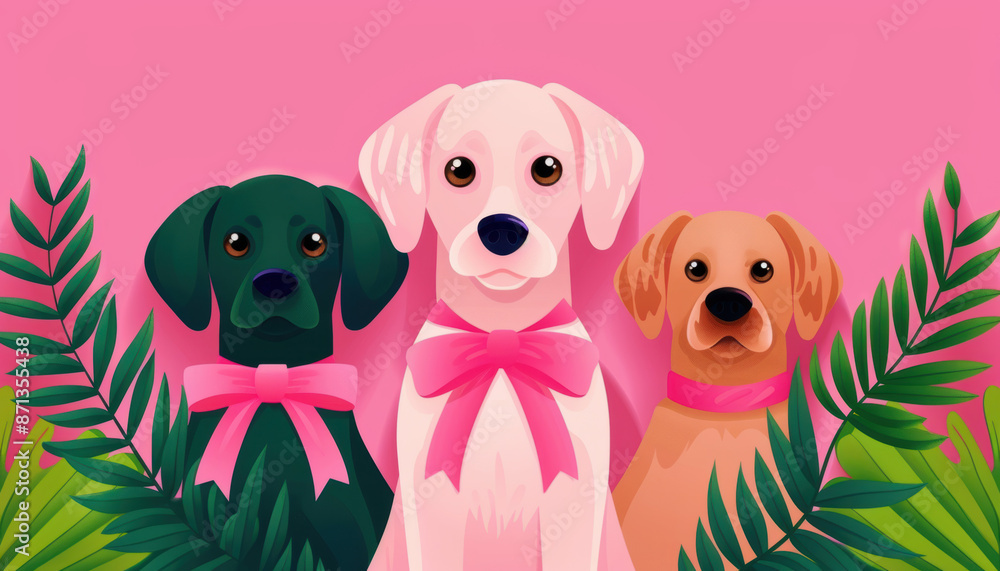 Fototapeta premium Three dogs are standing in front of a pink background with a green leaf