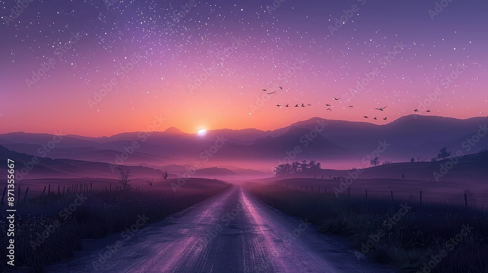A road in the mountains at a gentle sunset with softly glowing warm colors like purple and orange, a few but not too many birds, and stars in the sky A road in the mountains at a gentle sunset with softly glowing warm colors like purple and orange, a few but not too many birds, and stars in the sky