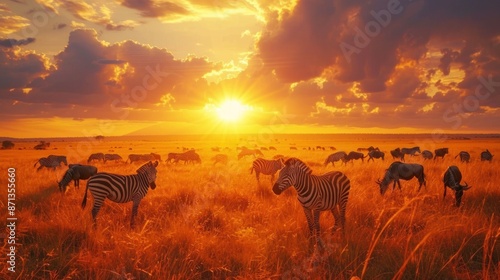 African wild zebras and wildebeest in the African savanna against a background of cumulus thunderclouds and the setting sun. Wild nature of Tanzania. Artistic natural image 