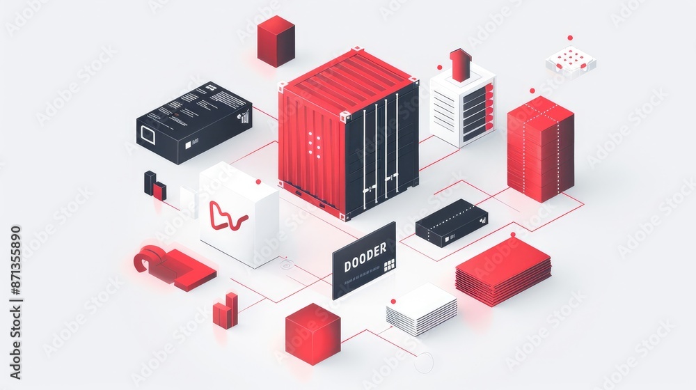 Docker and Docker Compose in advanced programming. Ultra quality, DARK RED accent color Docker and Docker Compose in advanced programming. Ultra quality, DARK RED accent color