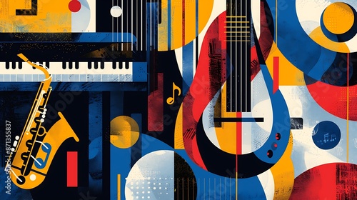 a vibrant poster featuring a piano, saxophone, and guitar with abstract orchestra graphics