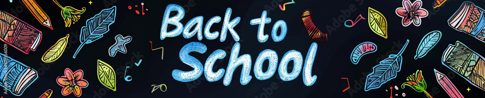 Colorful Chalkboard Background with Doodles of School Supplies that says Back to School in bold letters. The design includes back to school related items all drawn using bright colors on black Colorful Chalkboard Background with Doodles of School Supplies that says Back to School in bold letters. The design includes back to school related items all drawn using bright colors on black