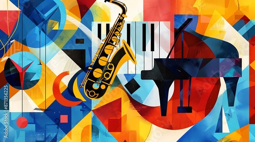 an artistic orchestra graphic with a piano, saxophone, and guitar on a geometric background