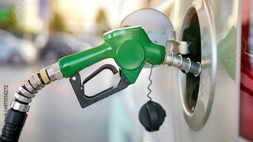 Close-up of a green gas pump nozzle inserted into a car's fuel tank for refueling, representing energy and transportation concept.