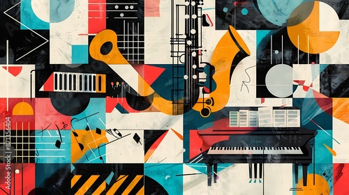 a concert invitation with illustrations of a piano, saxophone, and guitar on an abstract geometric background