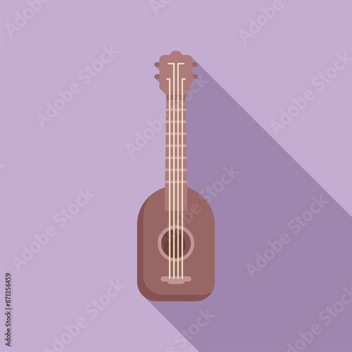 Acoustic guitar with four strings and round resonator hole casting long shadow on purple background