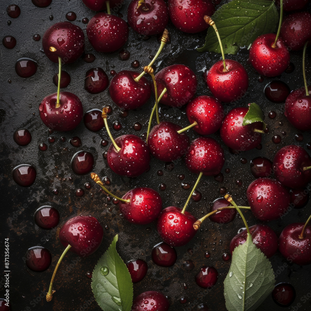 Overhead Shot with visible Water Drops. Close up of cherries. Overhead Shot with visible Water Drops. Close up of cherries.