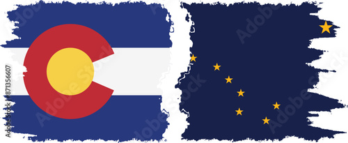 Alaska and Colorado states grunge brush flags connection, vector