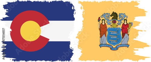 New Jersey and Colorado states grunge brush flags connection vector