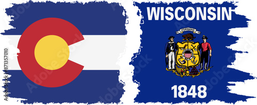Wisconsin and Colorado states grunge brush flags connection vector