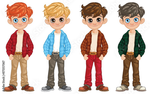 Four boys wearing colorful shirts and pants