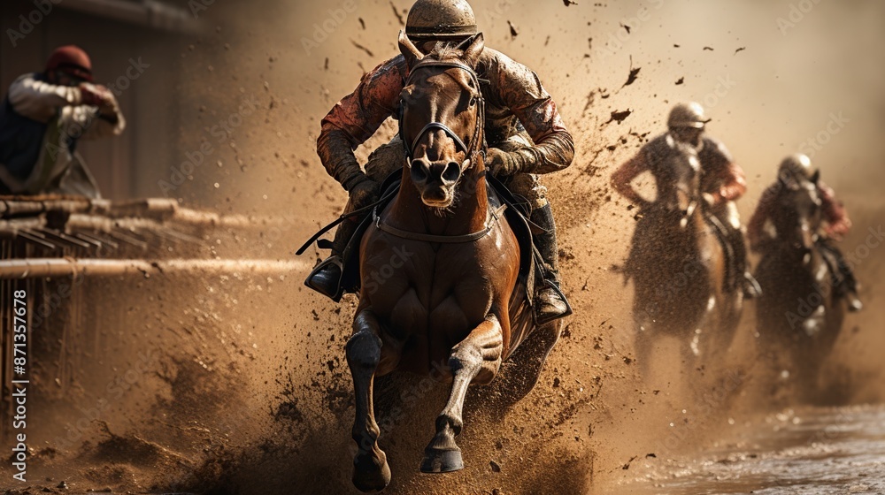 Horse Racing Through a Mud Obstacle Horse Racing Through a Mud Obstacle