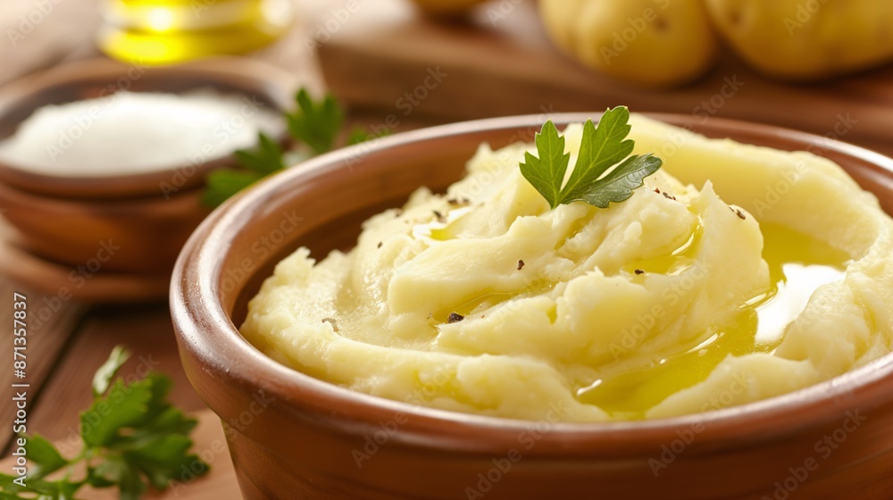 Food for convalescent patients, A bowl of mashed potatoes with a drizzle of olive oil and a sprinkle of salt Food for convalescent patients, A bowl of mashed potatoes with a drizzle of olive oil and a sprinkle of salt