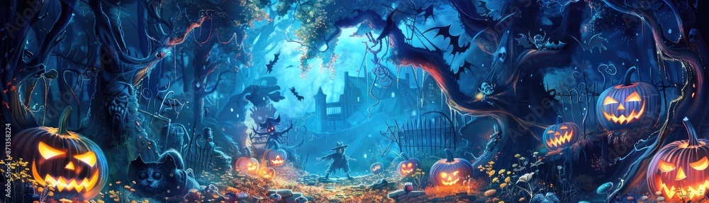 Spooky Halloween night in a haunted forest with jack-o'-lanterns, bats, and an eerie atmosphere, featuring a mysterious figure in the distance. Spooky Halloween night in a haunted forest with jack-o'-lanterns, bats, and an eerie atmosphere, featuring a mysterious figure in the distance.