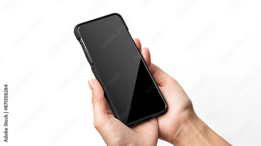 Mobile phone screen mockup in case. Hand holding smartphone display mock up isolated on white. Mobile phone screen mockup in case. Hand holding smartphone display mock up isolated on white.