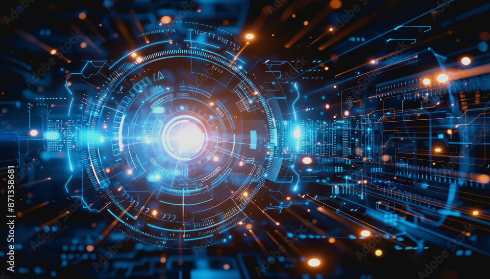 Fototapeta premium Cyber themed digital background with blue glowing lines and interconnected circuits