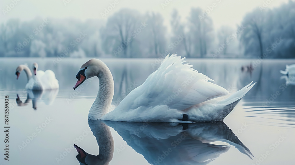 Obraz premium The elegant swan gracefully swims in the tranquil pond, AI Generative