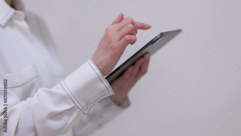 タブレットを操作する女性の手元のクローズアップ タブレットを操作する女性の手元のクローズアップ