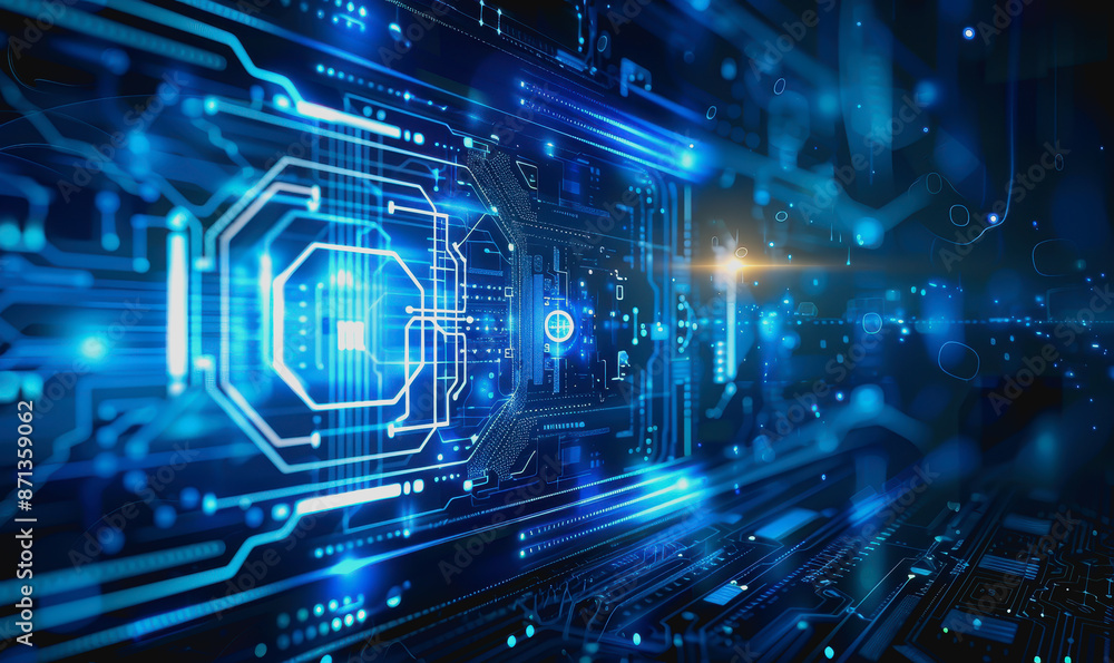 Digital abstract background with blue technology graphics and interconnected circuits Digital abstract background with blue technology graphics and interconnected circuits