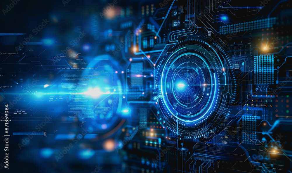 Obraz premium Digital abstract background with blue technology graphics and interconnected circuits