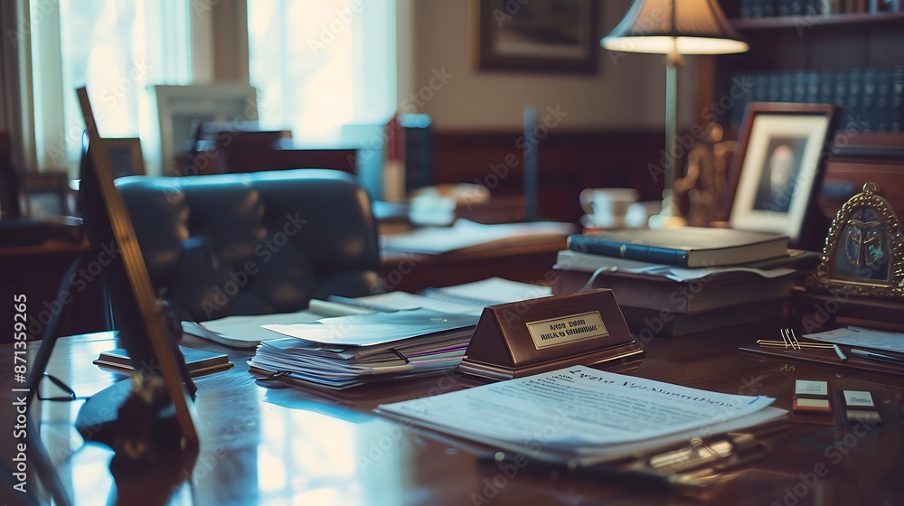 A principal's office table with a nameplate, awards, and a stack of paperwork A principal's office table with a nameplate, awards, and a stack of paperwork