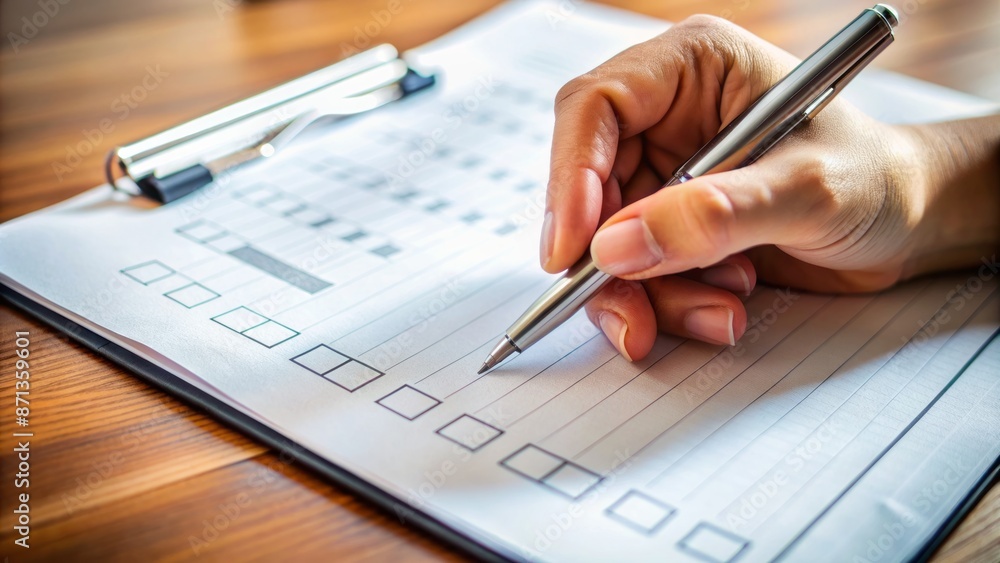 Close-up of a hand holding a pen filling out a questionnaire, surrounded by paperwork and a checklist on a desk. Close-up of a hand holding a pen filling out a questionnaire, surrounded by paperwork and a checklist on a desk.