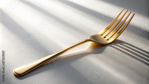 Luxurious gold fork lies solitary on a pristine white surface, surrounded by subtle shadows, exuding elegance and sophistication. photo